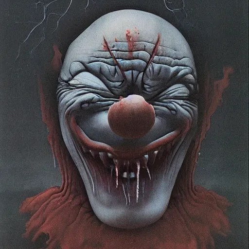 Image similar to Scary clowns eating children, by Zdzisław Beksiński