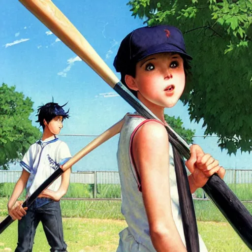 Image similar to a summer day. A teen boy with black hair is wearing a baseball cap and outfit and swinging his baseball bat. Norman Rockwell. Makoto shinkai. Kuvshinov ilya.