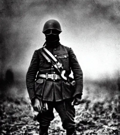 Image similar to a soldier wearing a scary mask in distance, ww1 film photo, grainy, high detail, high resolution