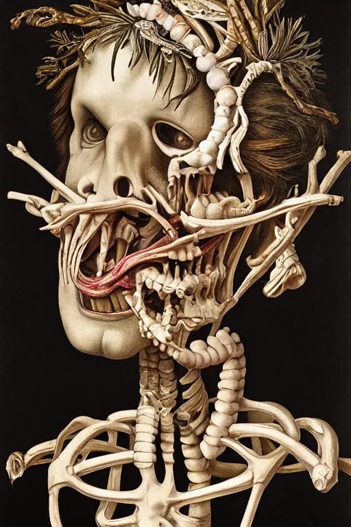 Image similar to Detailed maximalist portrait a Greek god with large lips and with large white eyes, exasperated expression, skeletal with extra fleshy bits, botany, HD mixed media 3d collage, highly detailed and intricate, surreal illustration in the style of Caravaggio, dark art, baroque