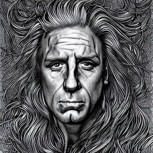 Prompt: ric flair, portrait, flowing python hair, by dan hillier, drawing