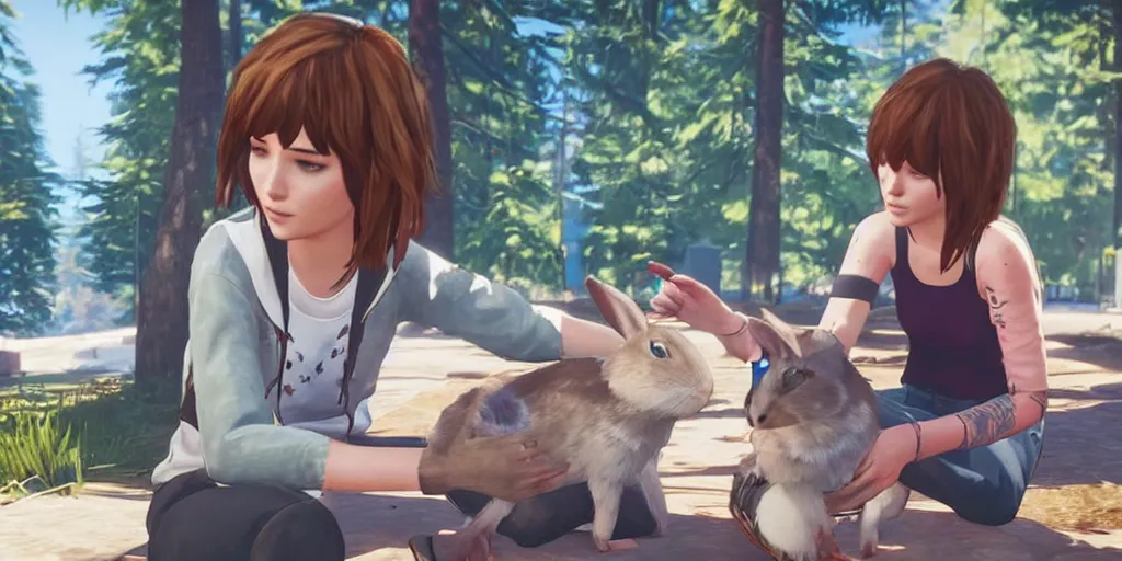 Image similar to max caulfield petting a rabbit in the video game life is strange, screenshot