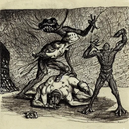 Image similar to a muscular frog man suplexing a toad man in a makeshift wrestling ring, detailed, artist arthur rackham