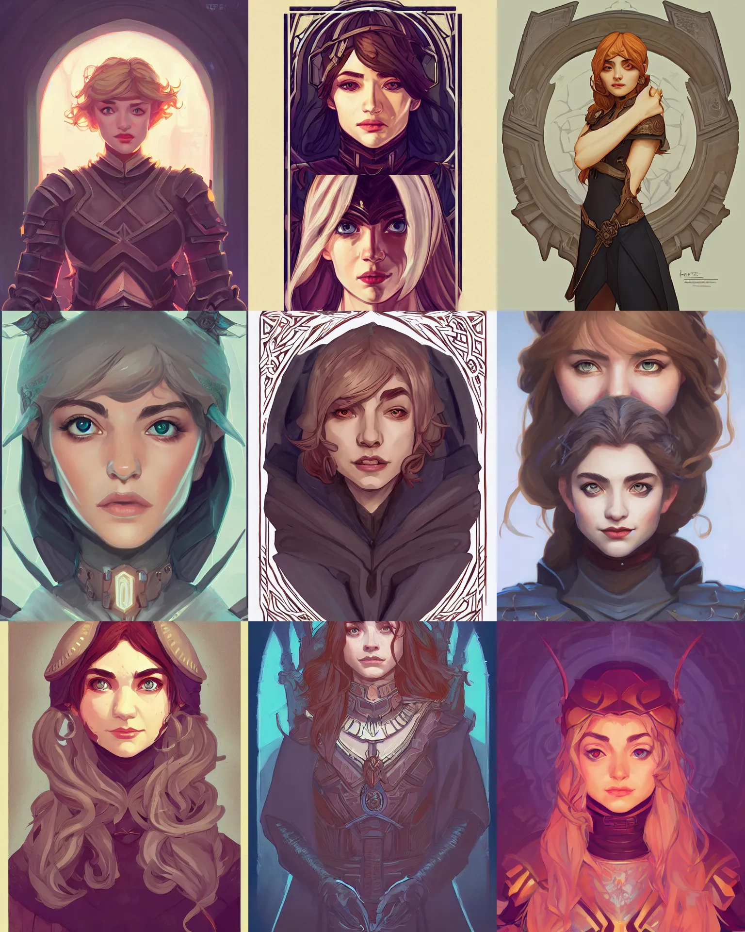 Prompt: front facing symmetrical centered painted portrait, just one head, Imogen Poots as a D&D Paladin, RPG character avatar, Mucha illustration, global illumination lighting, trending on artstation, by lois van baarle, ilya kuvshinov, rossdraws