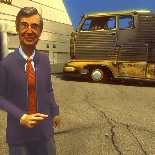 Image similar to wide shot of mr. rogers in the twisted metal video game, render, 8k, unreal engine