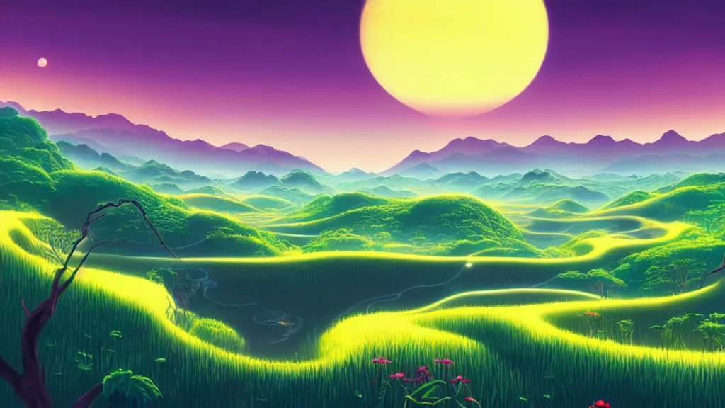 Prompt: digital painting of a lush sinuous river valley by. river. sunset. no mans sky. chiho aoshima. digital render. detailed. beautiful landscape.