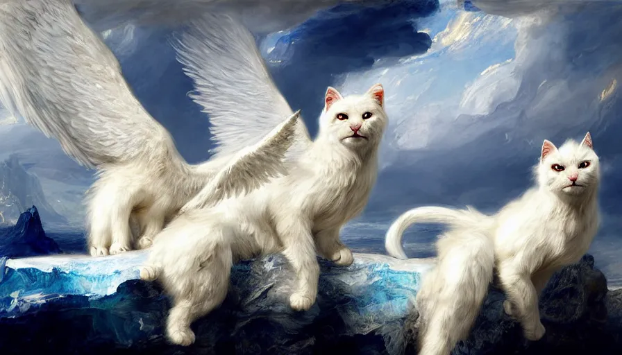 Image similar to highly detailed painting of white giant griffon cat bears with large feathered wings on a blue and white iceberg by william turner, by greg rutkowski, by william constable, thick brush strokes and visible paint layers, 4 k resolution