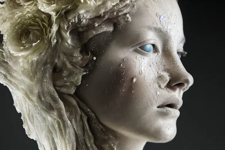 Image similar to a sculpture of a stunningly beautiful woman with flowing tears, fractal flowers on the skin, intricate, a marble sculpture by nicola samori, behance, neo - expressionism, marble sculpture, made of mist, still frame from the prometheus movie by ridley scott with cinematogrophy of christopher doyle, arri alexa, 8 k