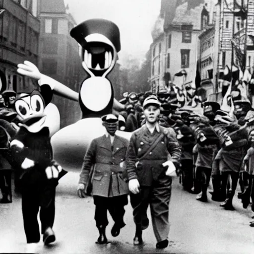 Image similar to historic colorized photograph of donald duck at a nazi parade in 1 9 3 6