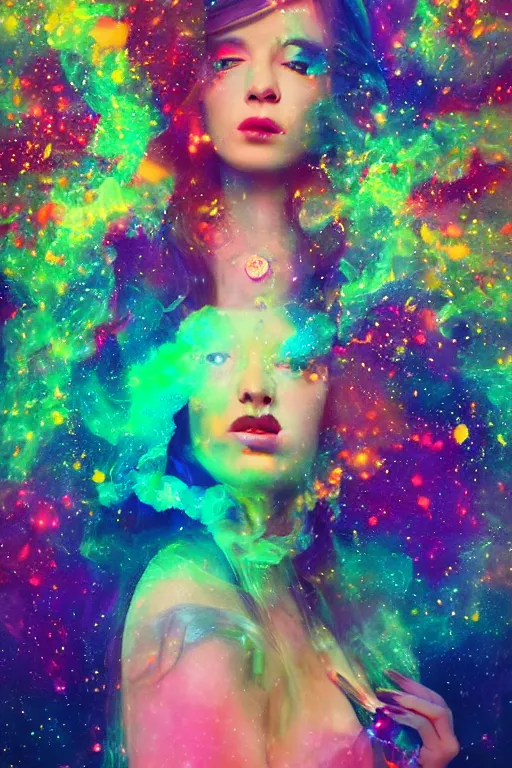 Prompt: psychedelic, whimsical, painting, beautiful intimate woman blowing smoke, with professional makeup, long trippy hair, a crystal and flower dress, sitting in a reflective pool, surrounded by gems, underneath the stars, rainbow fireflies, trending on patreon, deviantart, twitter, artstation, volumetric lighting, heavy contrast, art style of Ross Tran and Viktoria Gavrilenko and Ilya Kuvshinov