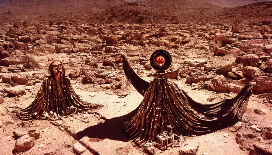 Image similar to levitating salvador dali dressed in jewels costume in a dry rocky desert landscape, alien city ruins designed by giger, giant abandoned alien city by christopher doyle and alejandro jodorowsky, anamorphic lens, kodakchrome, cinematic composition, very detailed photo, 8 k