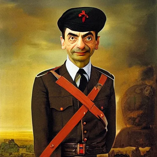 Image similar to A portrait of Mr. bean depicted as a soldier in world war two, renaissance oil painting by Salvador Dali