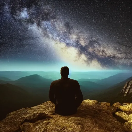 Image similar to 4K ultra HD detailed award-winning wallpaper of silhouette of man sitting on top of mountain cliff looking at huge vast sky storm Milky way