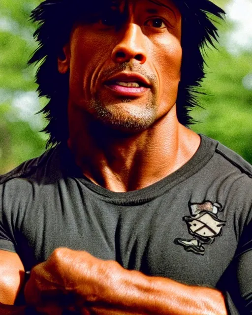 Image similar to Film still close-up shot of Dwayne Johnson as ash ketchum from the movie pokemon. Photographic, photography