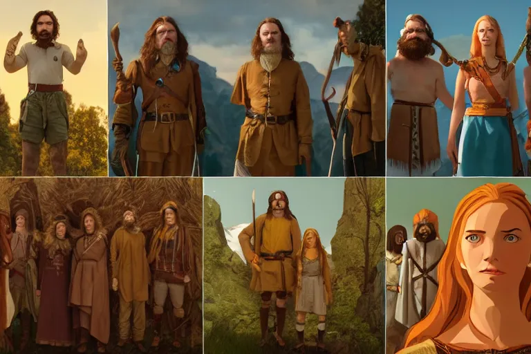 Image similar to A group of 5 high fantasy adventurers lined up for a group portrait, Screenshot of Wes Anderson's New RPG Movie, directed by Wes Anderson, Chest high, Photo realistic, Regal, Formal, Cinematic, Symmetrical, Satisfying dynamic lighting, Highly Detailed, Cinematic Lighting, 8k, HD