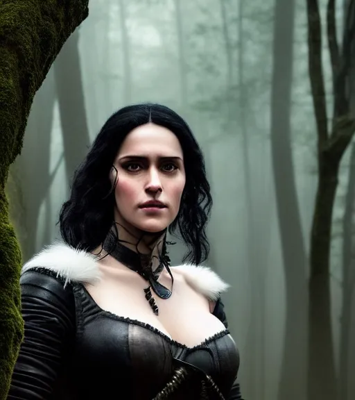 Image similar to 5 5 mm close up portrait photo of anya chalotra as yennefer of vengerberg in black leather armor and long black fluff hair, in a forest. magical atmosphere. art by greg rutkowski. lifelike. very detailed 8 k. intricate. soft light. nikon d 8 5 0.