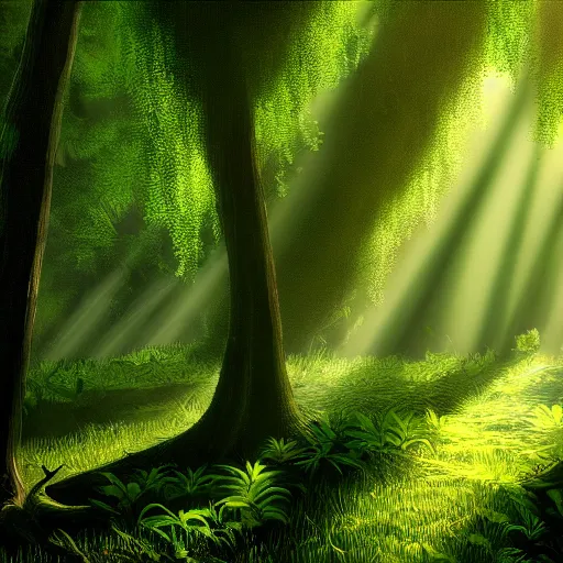 Image similar to A lush green forest in the morning; rays of light coming through the canopy; trending on artstation