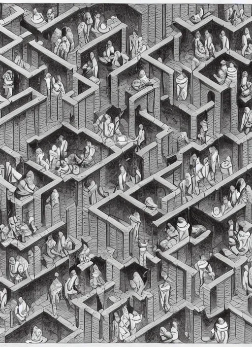 Image similar to painting of confused people lost in a complex bureaucratic maze by mc escher