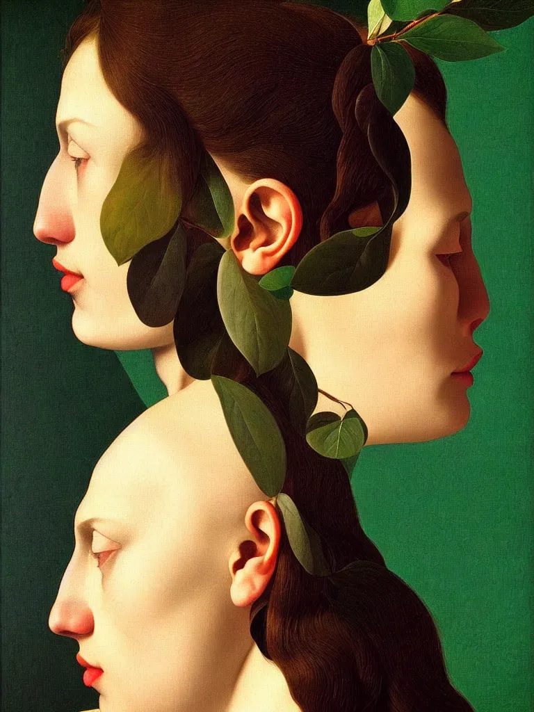 Image similar to hyperrealistic still life portrait woman's face in profile, beautiful plants, jungian archetypes, light refracting through prisms in a tesseract, by caravaggio, botanical print, surrealism, vivid colors, serene, by rene magritte