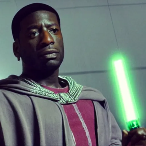 Image similar to gucci mane holding a lightsaber as mace windu in star wars episode 3, 8k resolution, full HD, cinematic lighting, award winning, anatomically correct