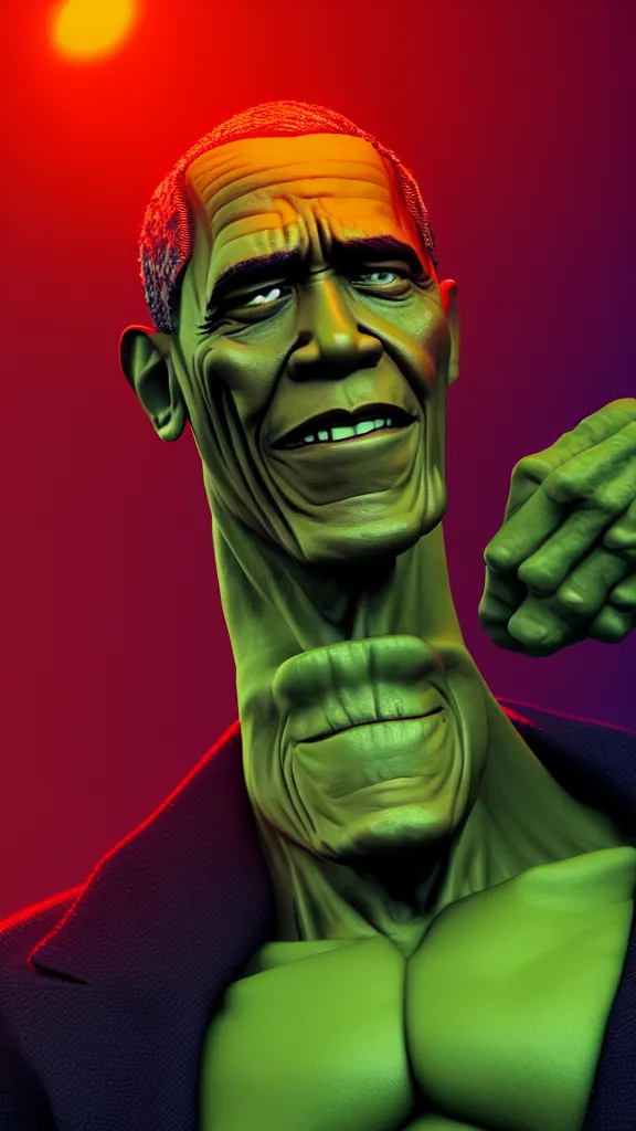 Prompt: 100 year old Obama the size of the Hulk, studio render by Beeple, shallow depth of field., lights, colors,4K