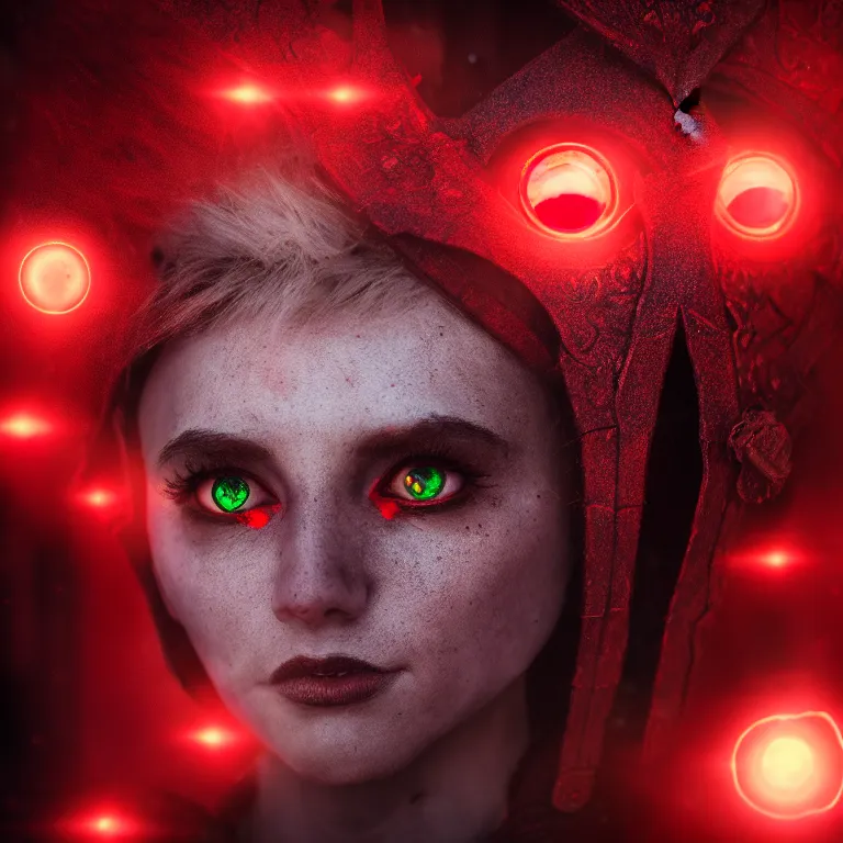 Prompt: A fantasy warrior elf having glowing red eyes, still film, 35 mm lens, intricate, protrait, gloomy background, sharp focus, digital art