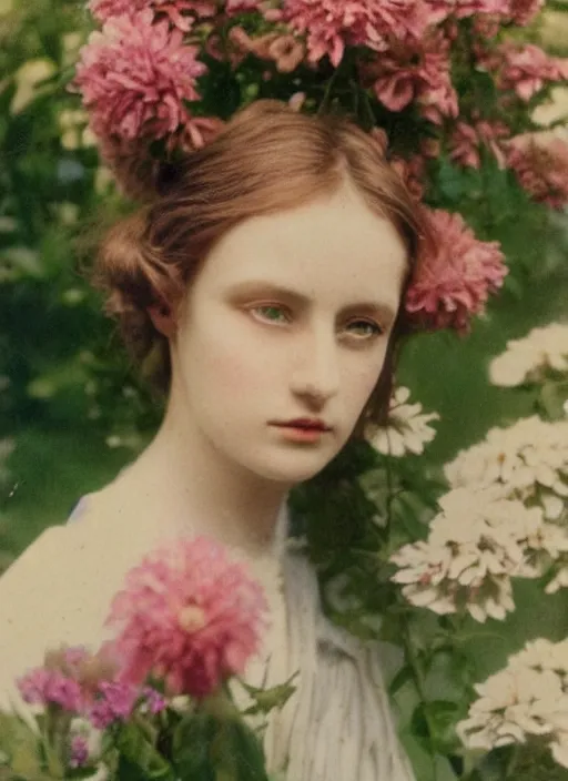 Prompt: portrait photograph of a very beautiful!!! modern female model. symetric face. in a garden. flowers. autochrome Louis Lumières. round detailed eyes!!!!. bokeh