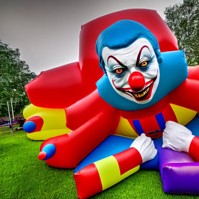 Image similar to scary clown made of bouncy castle, highly detailed, 8 k, hdr, smooth, sharp focus, high resolution, award - winning photo