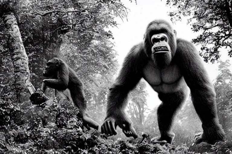 Image similar to king kong in a forest knocking down trees