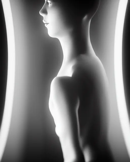 Image similar to black and white high quality photo of a beautiful female AI vegetal-cyborg looking into a sci-fi mirror, volumetric lighting, liminal space, brutalism, foggy, dreamy, hyperdetailed, bokeh, photorealistic, cinematic, masterpiece, elegant, dark, by Man Ray in the style of Horst P. Horst, octane render, 8K,