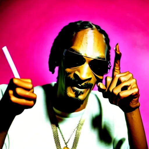 Image similar to Snoop Dog with big eyes eye color red , smiling and holding a joint in his hand