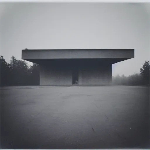 Image similar to impossibly large concrete structure, minimalist architecture, megalophobia, foggy, old polaroid, expired film,