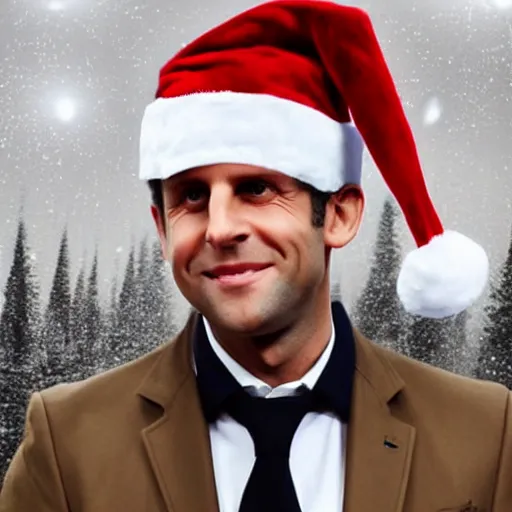 Image similar to hyperrealistic macron with a cap, dressed up like santa