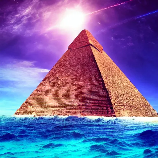Prompt: ancient pyramid in the middle of the sea, retrowave epic art, trending on art station