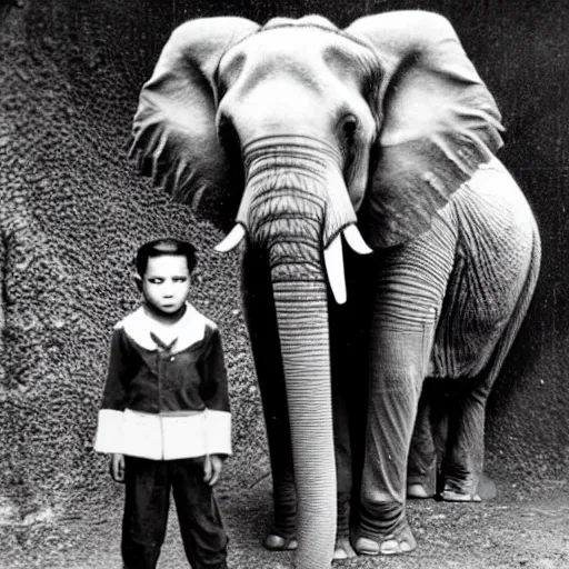 Prompt: extremely detailed black and white photo by john l. gaunt of a small boy standing next to an elephant. extreme focus of the face.