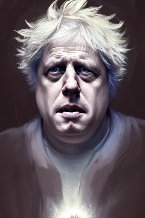 Image similar to Boris Johnson as Rick Sanchez, one eyebrow, white robe, big eyes, 2d portrait, symmetrical, highly detailed, digital painting, artstation, concept art, smooth, sharp focus, illustration, cinematic lighting, art by artgerm and greg rutkowski and alphonse mucha