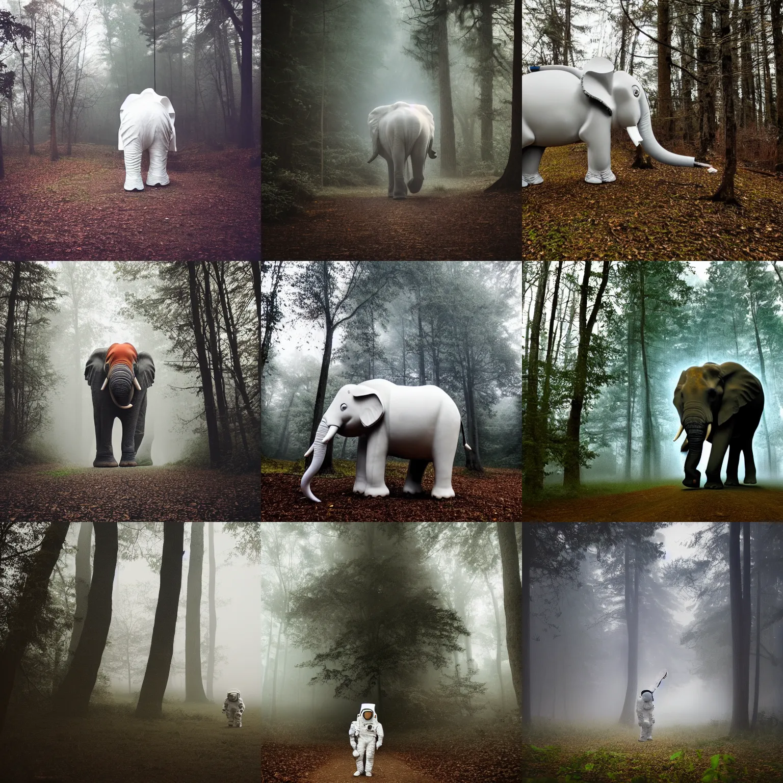 Prompt: giant elephant in white astronaut spacesuit in the woods, foggy mood, overcast bokeh - c 5