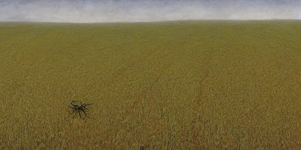 Image similar to Artwork by John Howe of an insect-covered field of crops