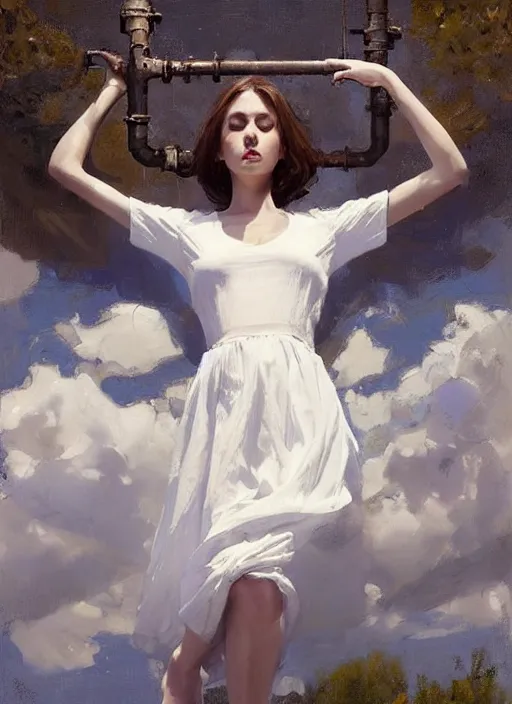 Image similar to portrait of girl dressed in white clothes , fantasy character portrait, decollete, lying dynamic pose, above view, sunny day, thunder clouds in the sky, artwork by Jeremy Lipkin and Giuseppe Dangelico Pino and Michael Garmash and rob rey, levitation, industrial rusty pipes, very coherent symmetrical artwork, perfect face, simple form, brutal shapes