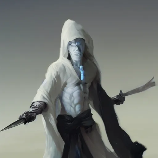 Image similar to fantasy painting of a pale man dressed in robes with a black blade, painted by Bayard Wu, ultra detailed, 8k