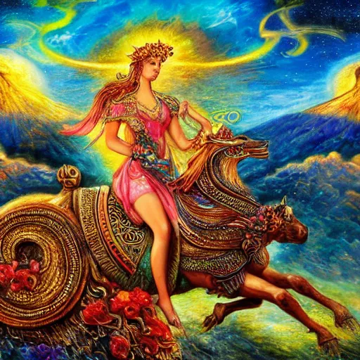 Image similar to goddess riding flying golden ram by josephine wall, trending on artstation, checking her phone, erupting volcano in distance, flowers in foreground, sunset, stars in sky, fantasy, 8 k