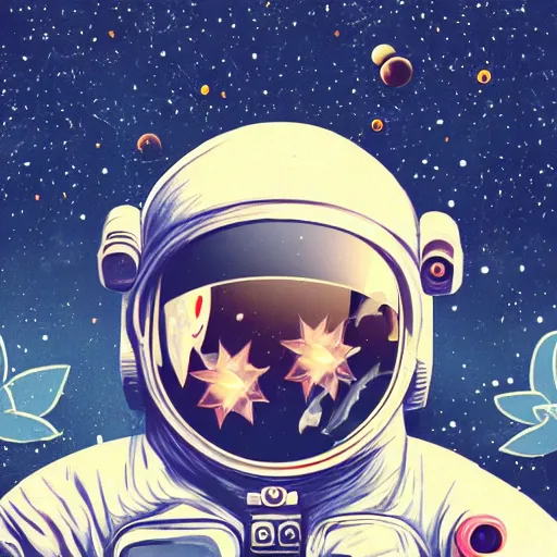 Image similar to artstation realistic illustration astronaut's helmet with field of flowers in space