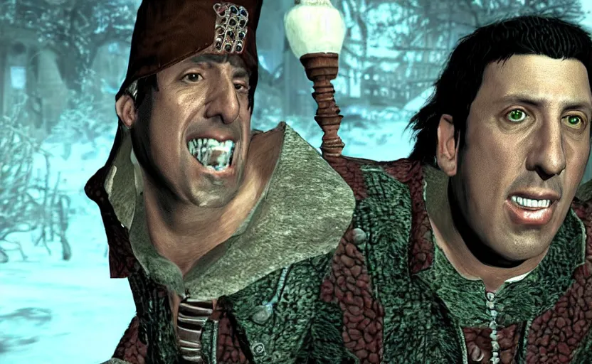 Prompt: Adam Sandler as a character in the PC video game Gothic 1, screenshot