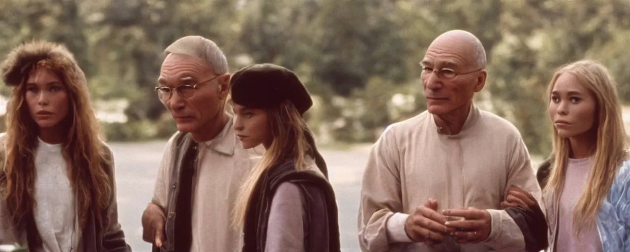 Image similar to Patrick Stewart and the Olsen Twins, wisdom, famous 1980's movie by Stanley Kubrick, cinematic still frame, moody, anamorphic lens, bokeh, kodak color film stock