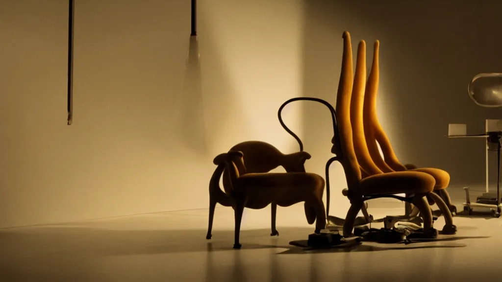 Image similar to glowing oil, in the shape of a chair, film still from the movie directed by denis villeneuve and david cronenberg with art direction by salvador dali and dr. seuss