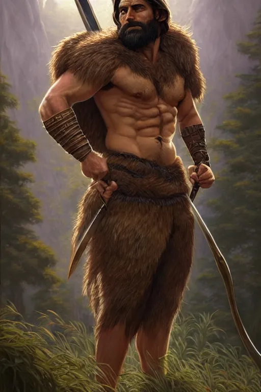 Image similar to full body portrait of a gruff ranger with a spear, lean and toned, handsome face, hairy chest and hairy body, D&D, fantasy, intricate, elegant, highly detailed, digital painting, artstation, concept art, matte, sharp focus, illustration, art by Artgerm and Greg Rutkowski and Alphonse Mucha