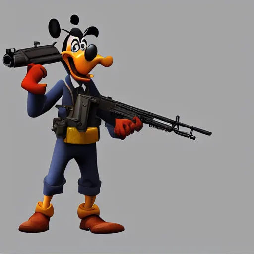 Prompt: Photorealistic Goofy holding a machine gun, Hyperdetailed, 108 megapixels, artstation concept art