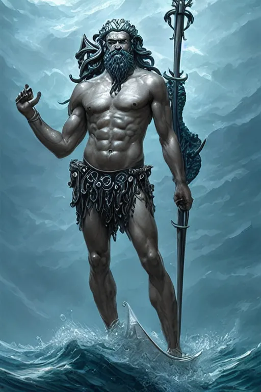 Image similar to poseidon humanoid god of the sea, trident, highly detailed, d & d, fantasy, highly detailed, digital painting, trending on artstation, concept art, sharp focus, illustration, art by artgerm and greg rutkowski and magali villeneuve