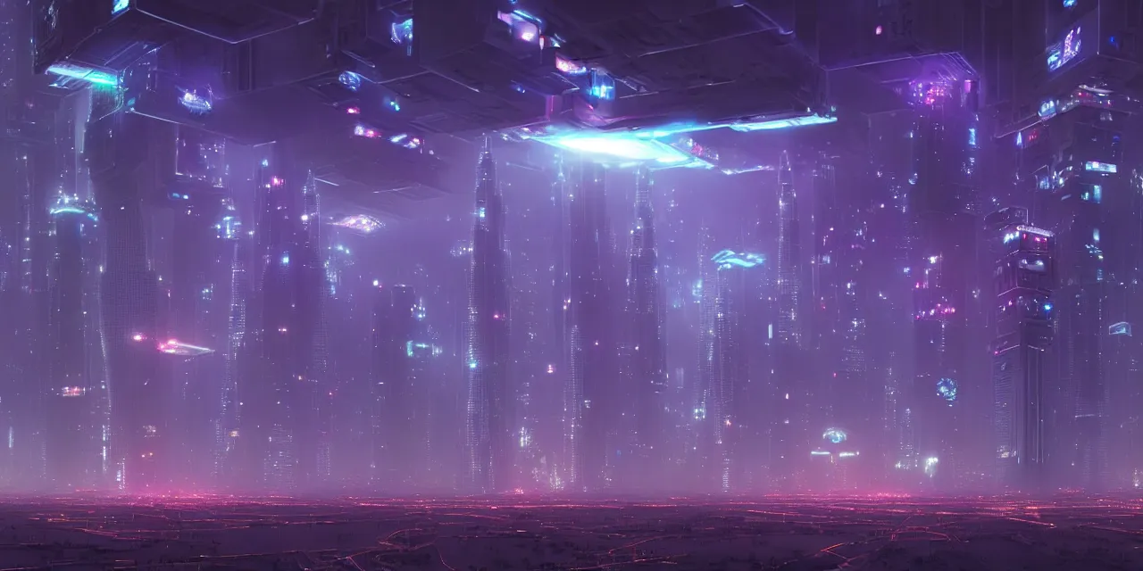 Image similar to a fleet of giant glowing futuristic cubes tied to each other with lots of glowing chains in the sky, thick glowing chains, light rays bouncing between cubes, a fantasy magical cyberpunk dubai tokyo landscape seen in the distance, atmospheric lighting, intricate, volumetric lighting, beautiful, sharp focus, ultra detailed, in the art style of marc simonetti and lee madgwick, astrophotography
