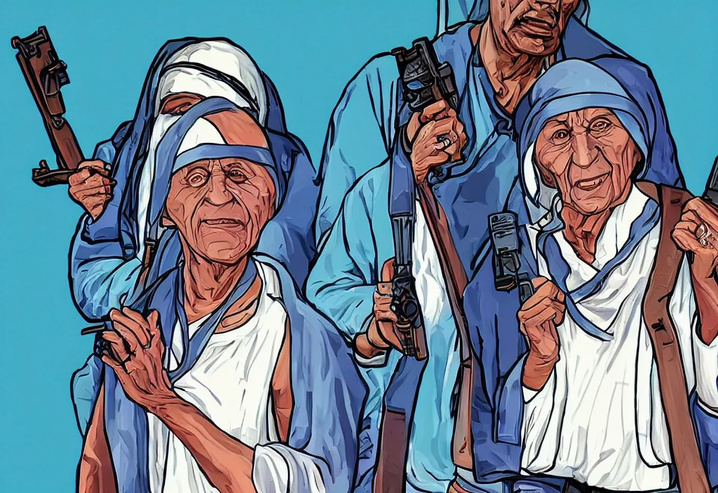 Prompt: mother teresa in grand theft auto loading screen, gta art style, illustration, beach, miami, vice city